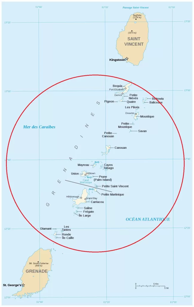 Map of the Grenadine Islands between St. Vincent and Grenada